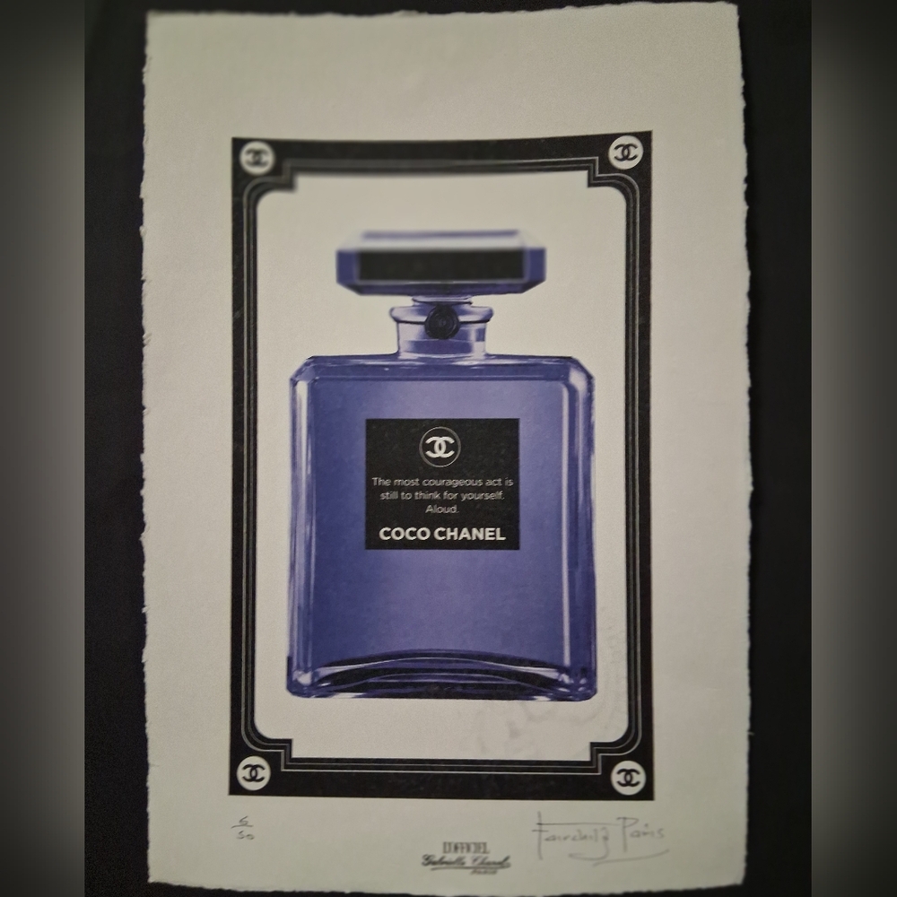 CHANEL, Bottle w/ Quote By Coco Chanel, Print, Hand Signed by Fairchild Paris